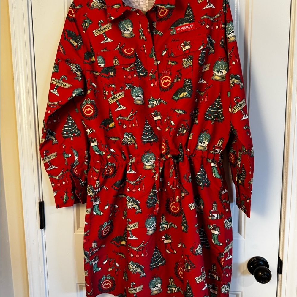 Magellan Outdoors Red Holiday Print Shirt Dress NWT - Picture 2 of 8